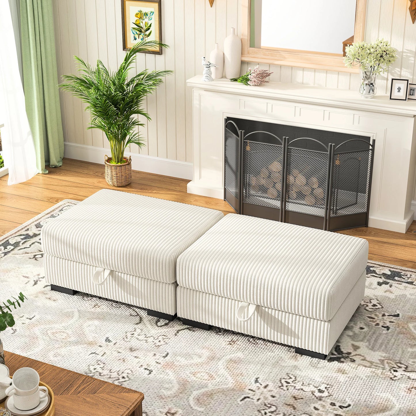 Modern Upholstered Ottoman Set of 2 – Comfortable Fabric Stools for Living Room