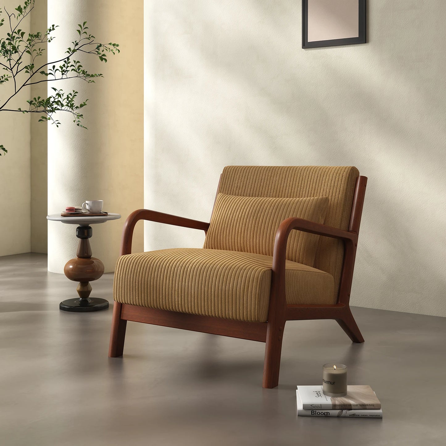 Mid-Century Modern Accent Chair – Comfy Fabric Armchair with Solid Wood Frame for Living Room