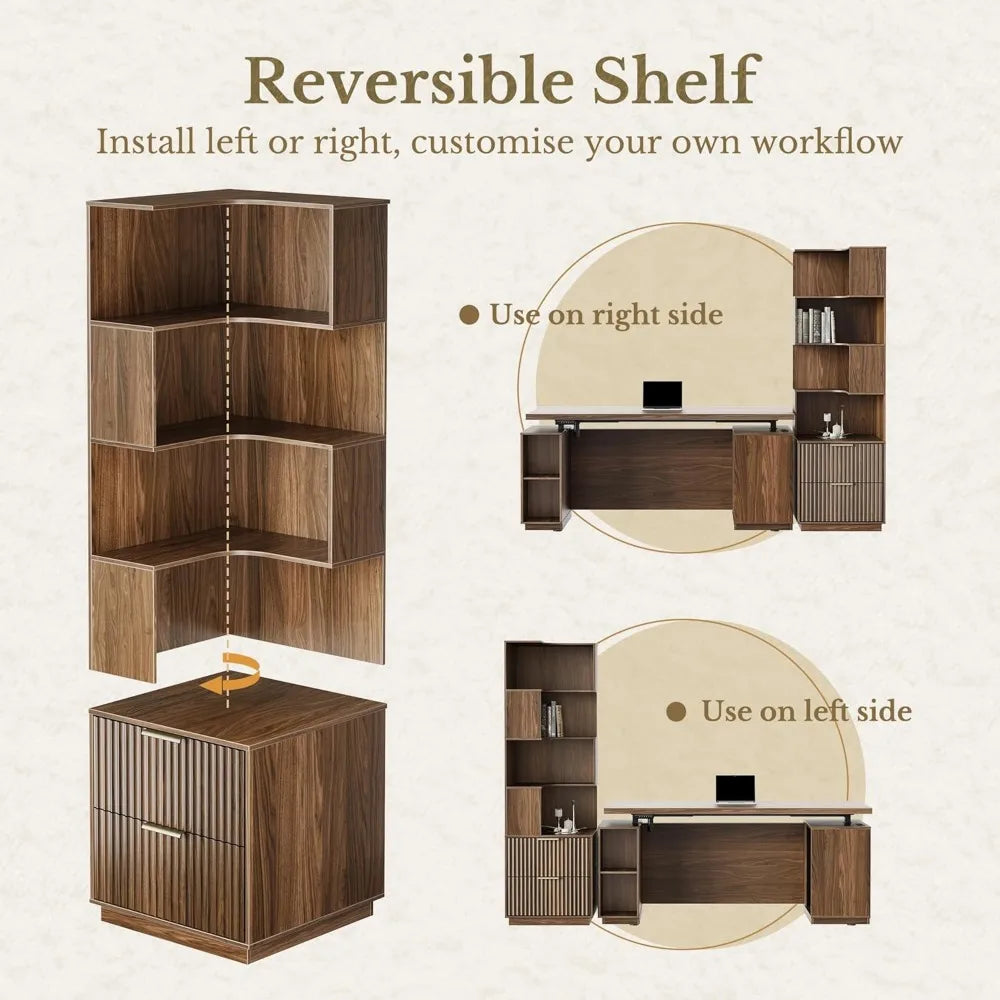5-Tier L-Shaped Corner Bookshelf with Drawers – 71” Tall Fluted Wood Bookcase for Living Room, Bedroom & Home Office