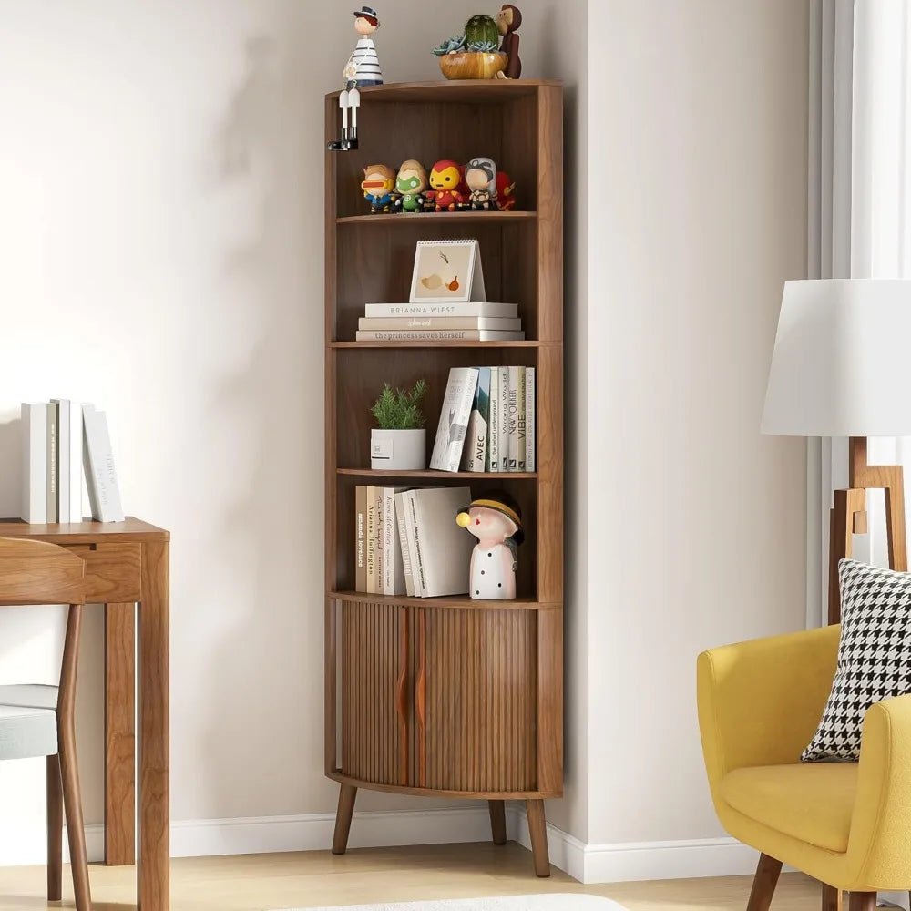 5-Tier Modern Corner Shelf with 2 Fluted Doors – 66.7” Tall Freestanding Wood Bookcase for Living Room, Bedroom & Office