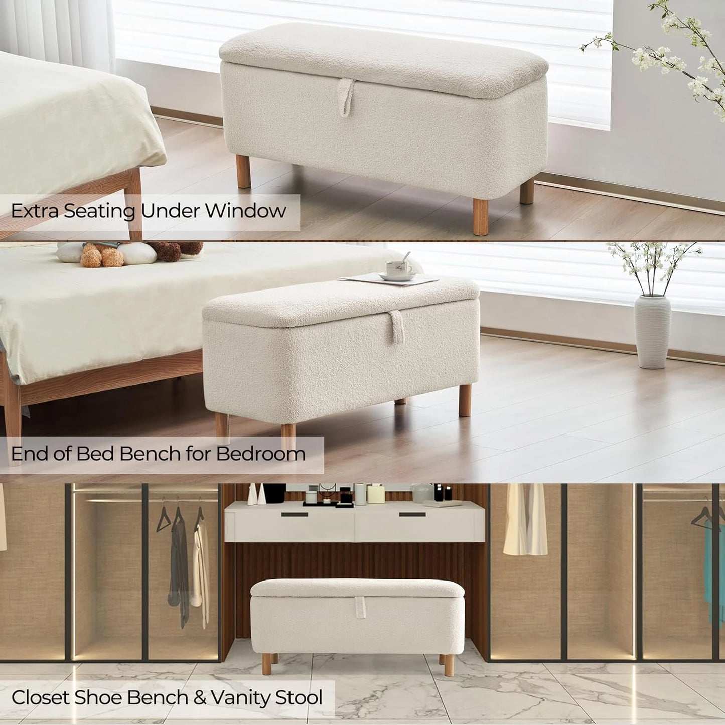 39.5” Boucle Storage Ottoman Bench – Sherpa Upholstered End-of-Bed & Entryway Seat