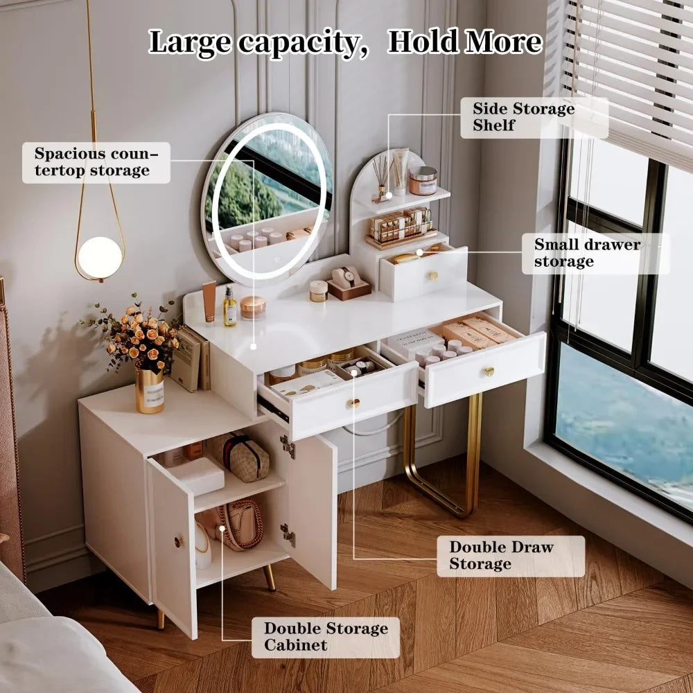 Modern Vanity Desk | Compact Makeup Table with LED Mirror & 2 Drawers