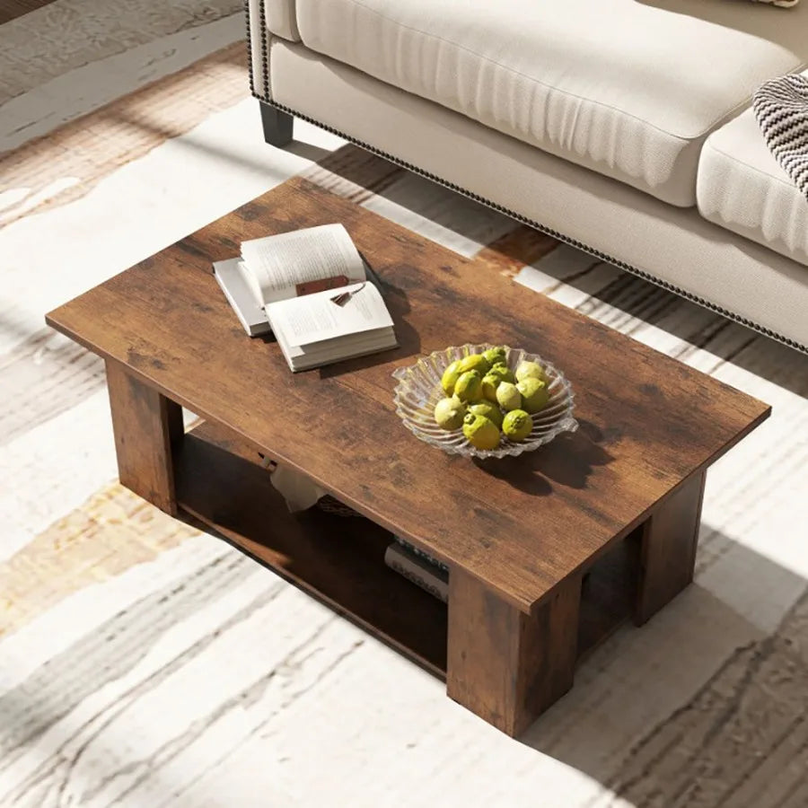 Large 41” Two-Tier Wooden Modern Coffee Table with Storage Shelf