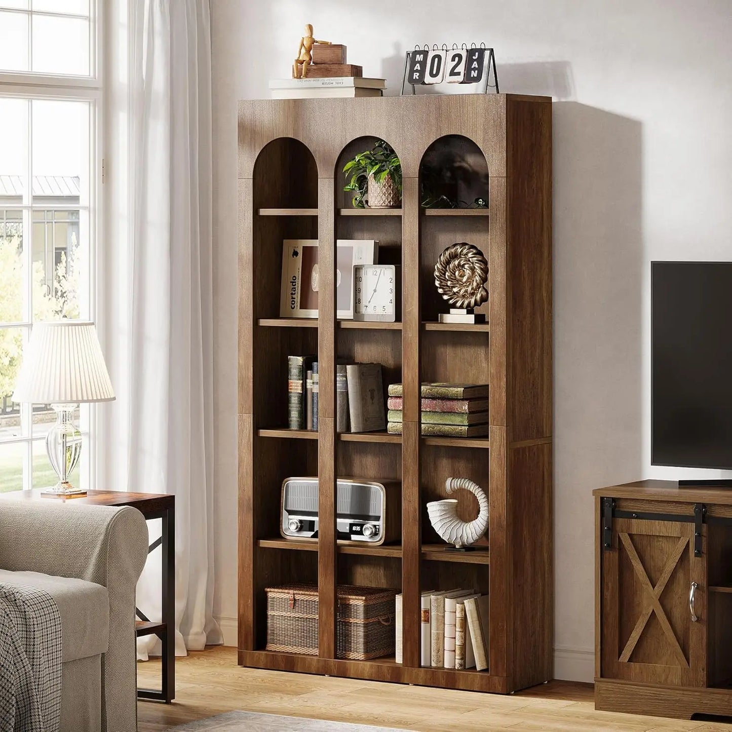 5-Tier Farmhouse Arched Bookshelf – 71” Tall Mid-Century Modern Bookcase with Open Display Shelves