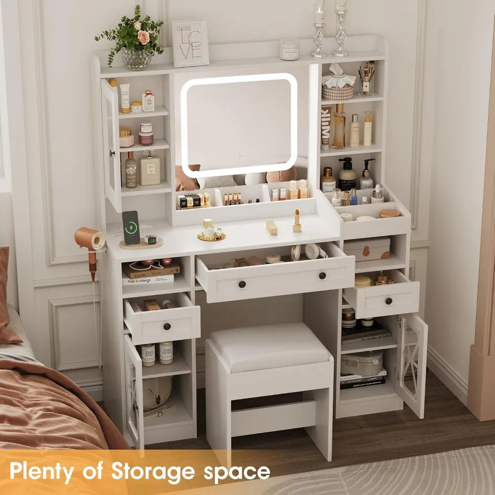 Vanity Desk | 44.5" Makeup Table with LED Mirror, Stool & Charging Station
