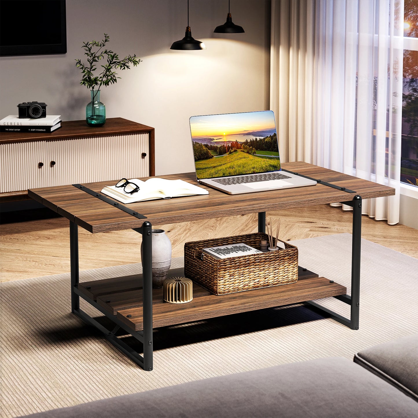 Rustic Farmhouse 2-Tier Coffee Table with Storage Shelf