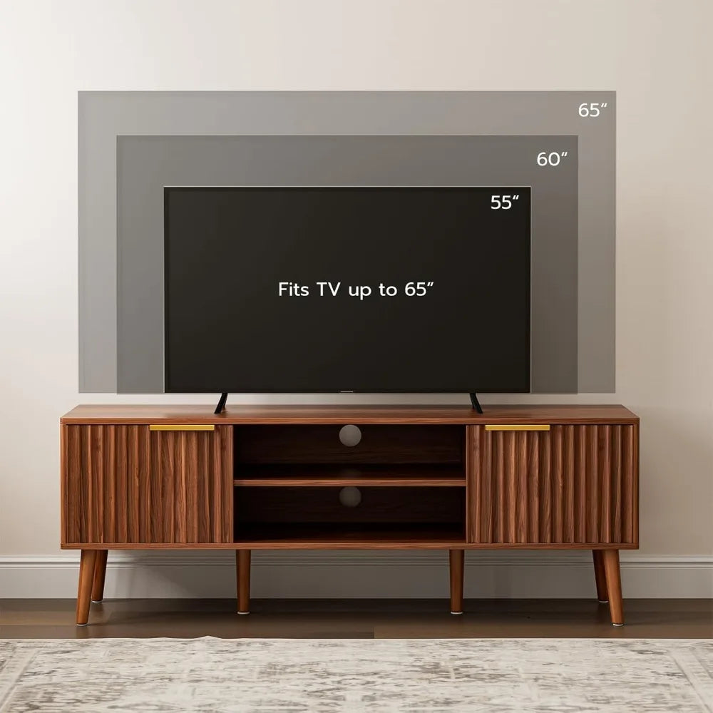 TV Stand for Living Room, Mid Century Modern Entertainment Center for 55/60/65 inch TVs, TV Console with Fluted Door Cabinets an