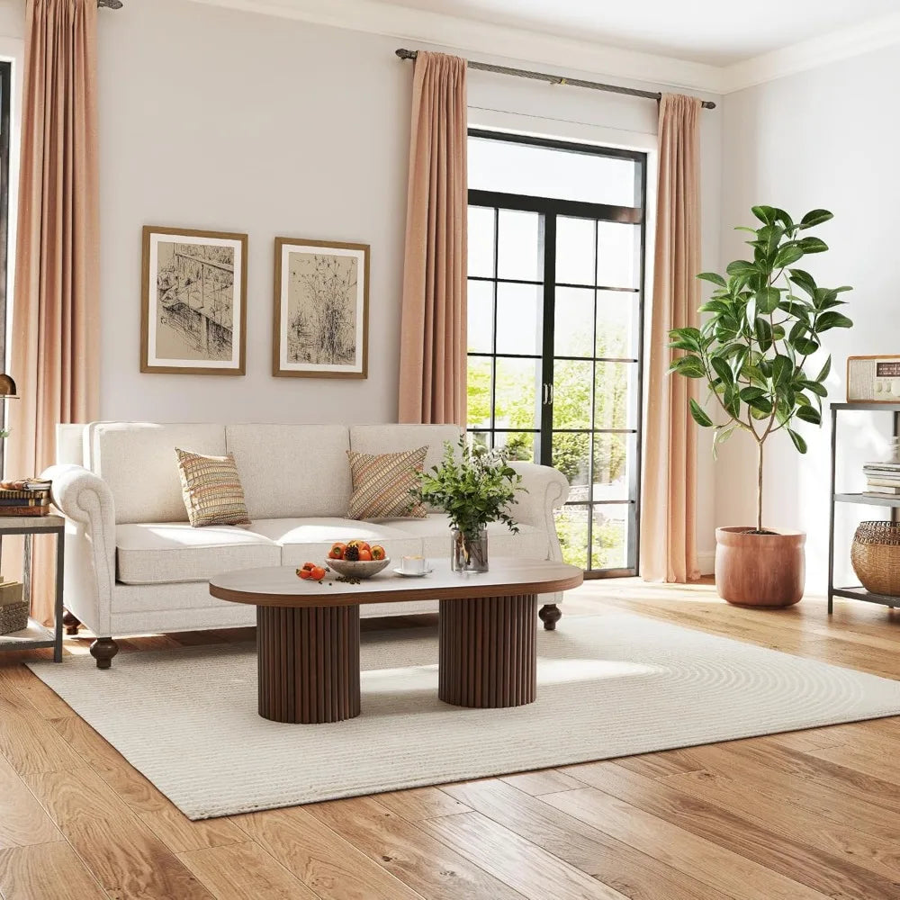 Oval Fluted Coffee Table – Mid-Century Modern Farmhouse Centerpiece for Living Room