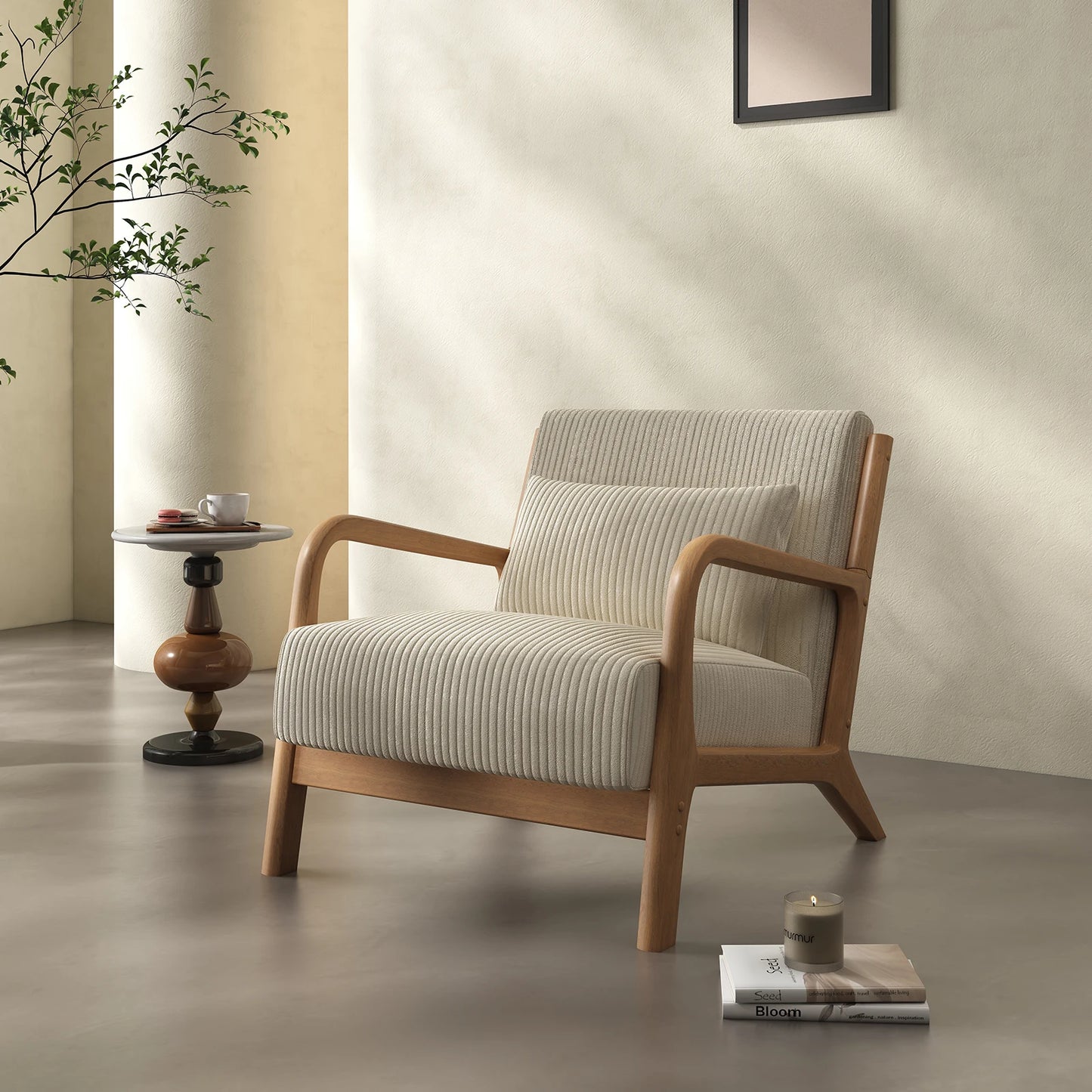 Mid-Century Modern Accent Chair – Comfy Fabric Armchair with Solid Wood Frame for Living Room