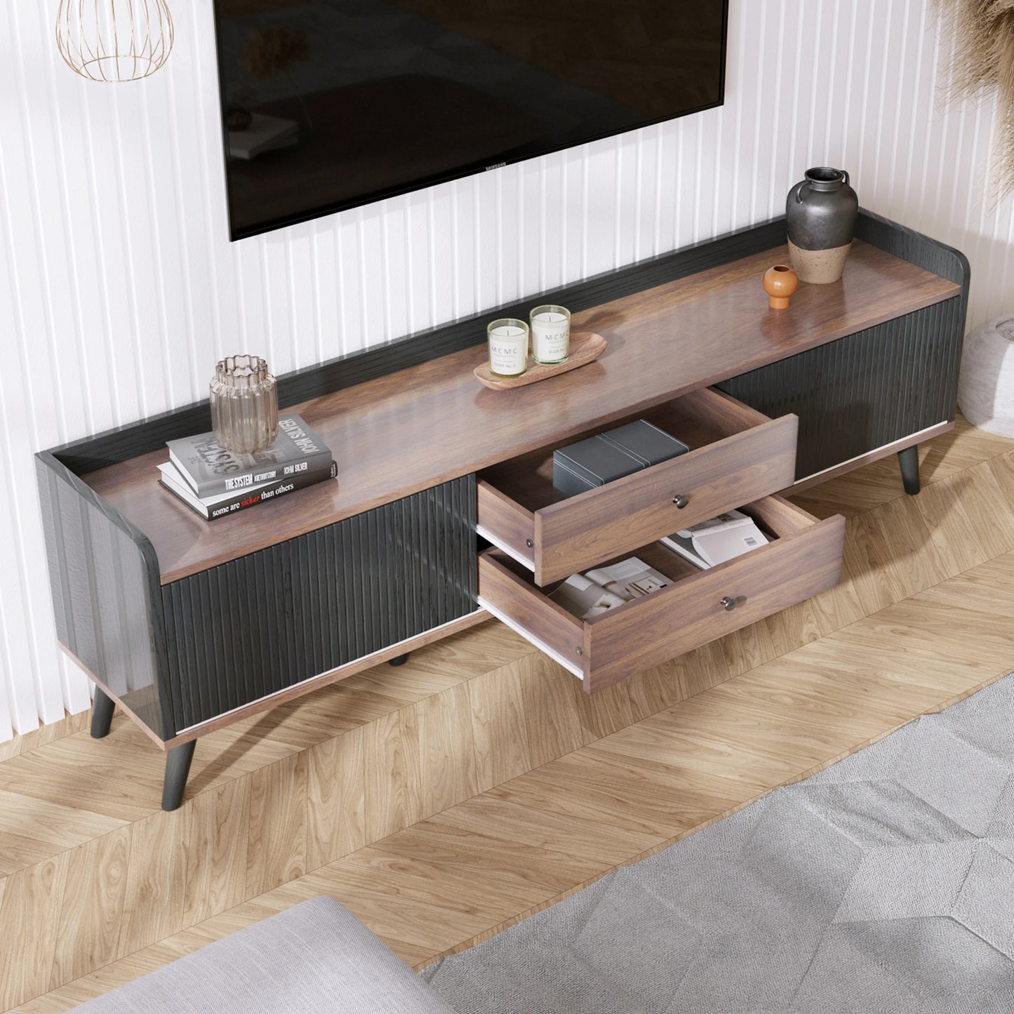 63” Mid-Century Modern TV Stand for TVs up to 70”, Wooden Entertainment Center with Cabinets & Open Storage