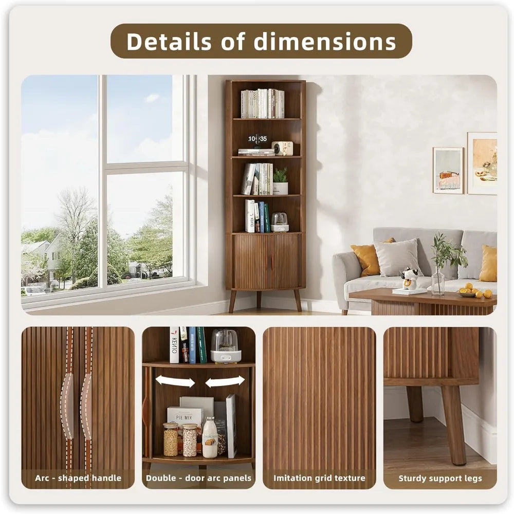 5-Tier Modern Corner Shelf with 2 Fluted Doors – 66.7” Tall Freestanding Wood Bookcase for Living Room, Bedroom & Office