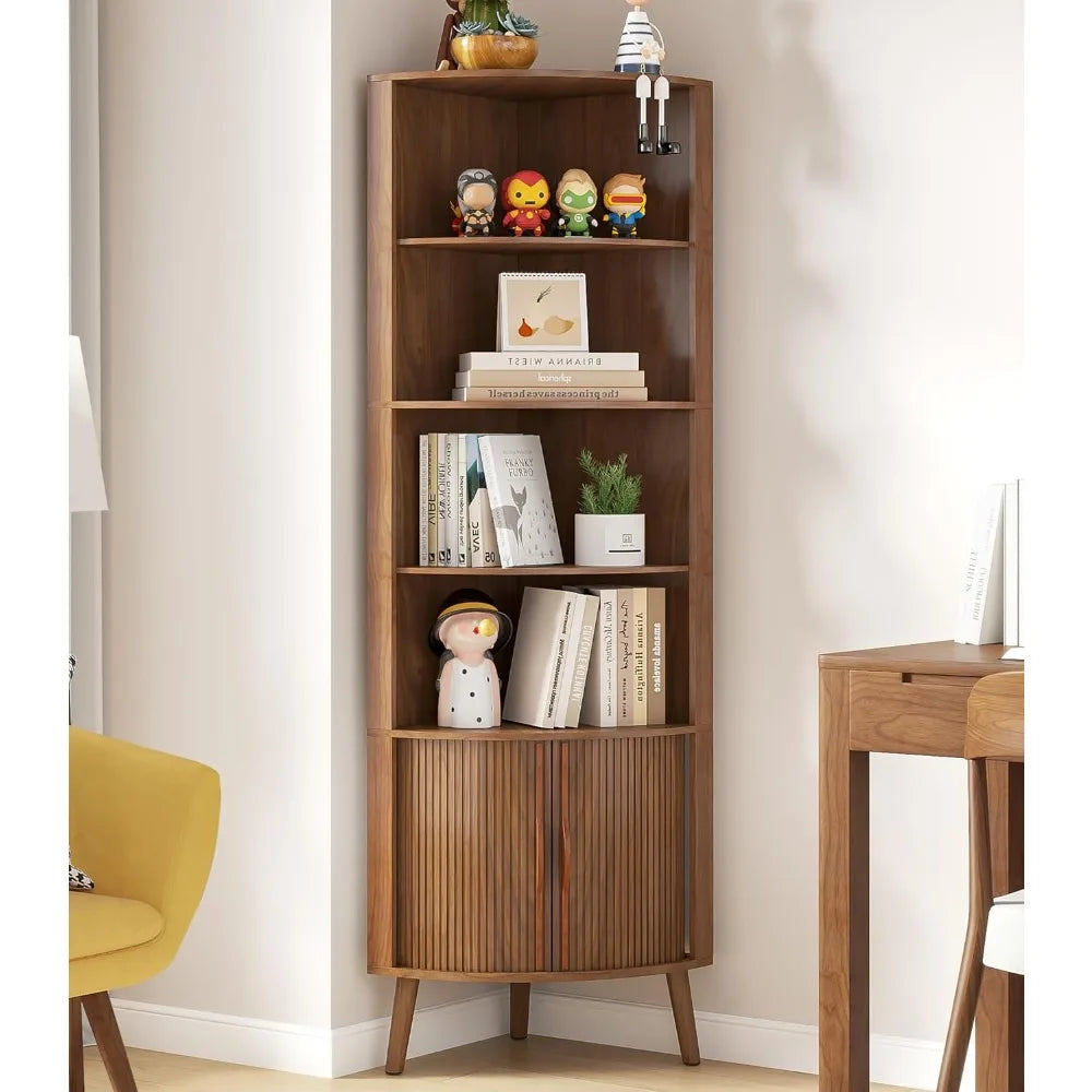 5-Tier Modern Corner Shelf with 2 Fluted Doors – 66.7” Tall Freestanding Wood Bookcase for Living Room, Bedroom & Office