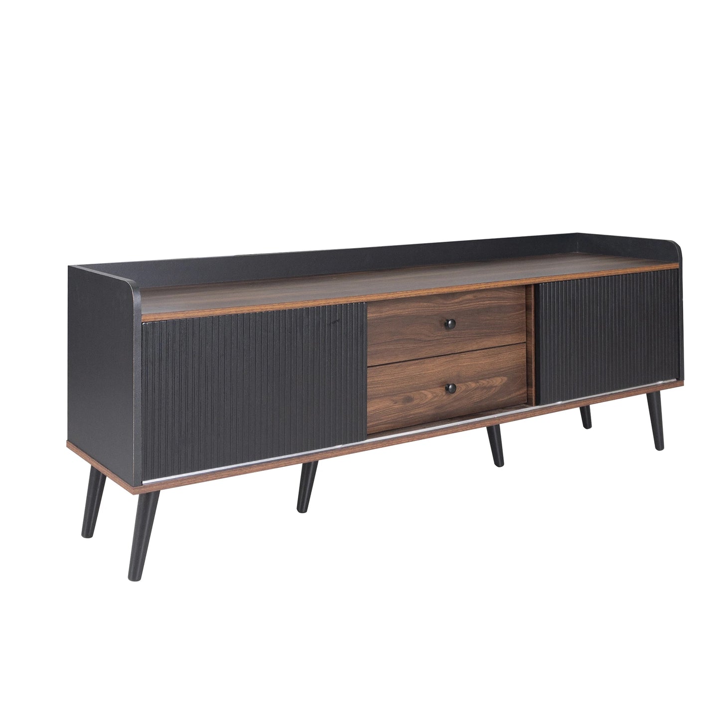 63” Mid-Century Modern TV Stand for TVs up to 70”, Wooden Entertainment Center with Cabinets & Open Storage