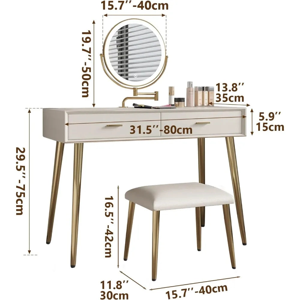 Compact dressing table with a 360° rotating LED mirror and a leather stool
