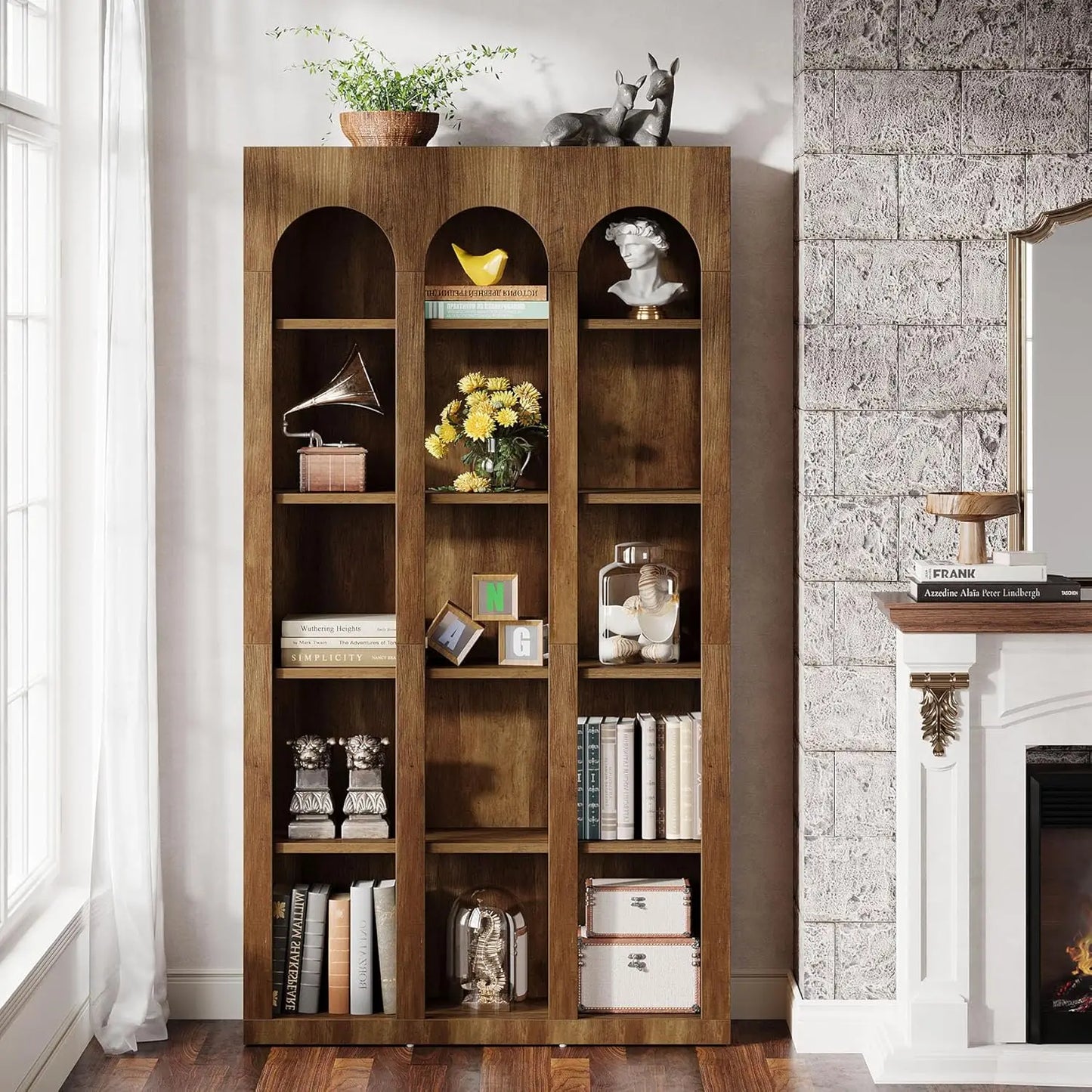 5-Tier Farmhouse Arched Bookshelf – 71” Tall Mid-Century Modern Bookcase with Open Display Shelves