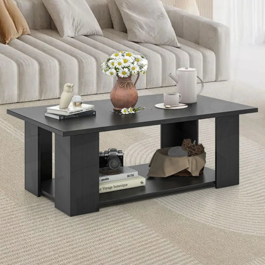 Large 41” Two-Tier Wooden Modern Coffee Table with Storage Shelf