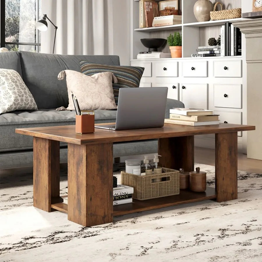 Large 41” Two-Tier Wooden Modern Coffee Table with Storage Shelf