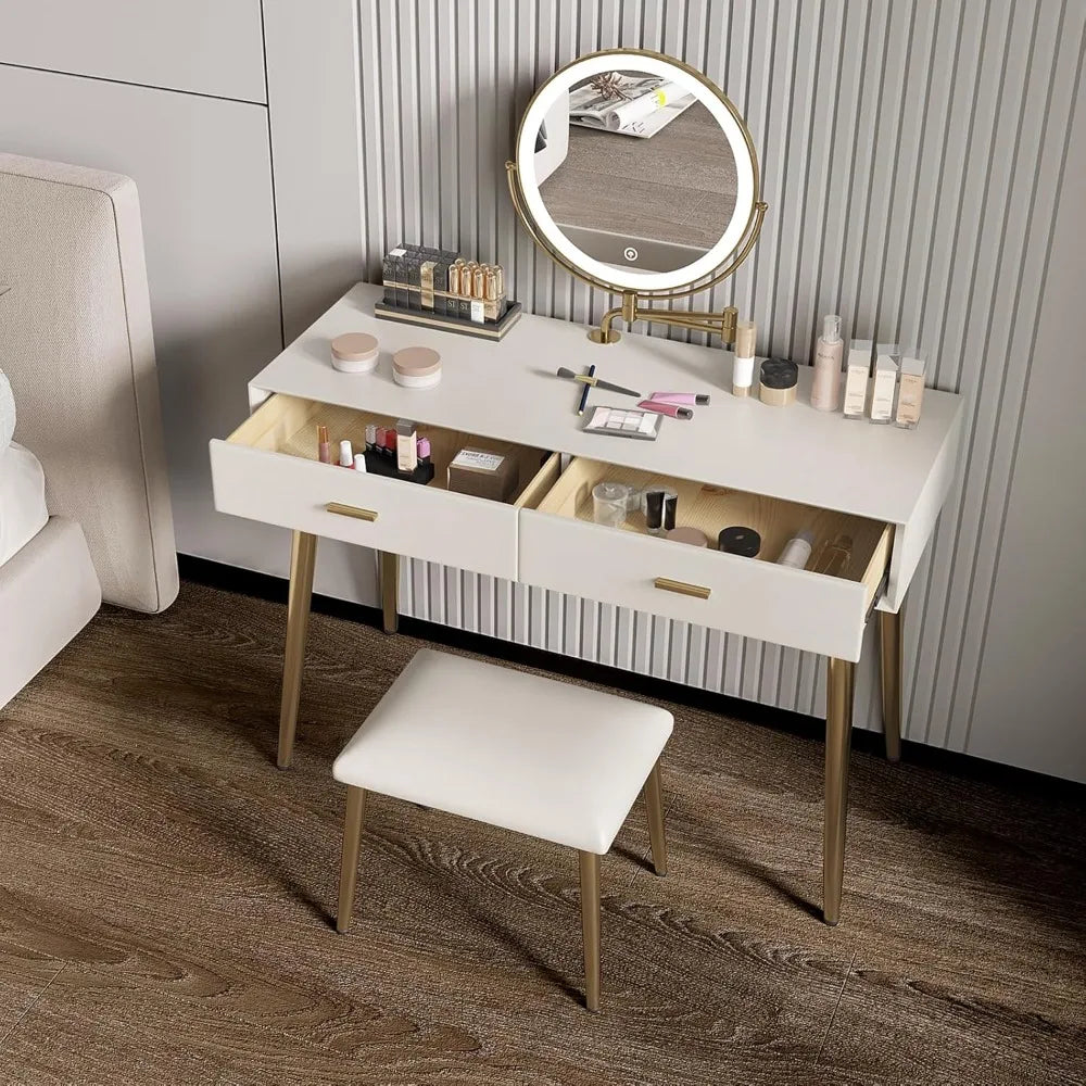 Compact dressing table with a 360° rotating LED mirror and a leather stool