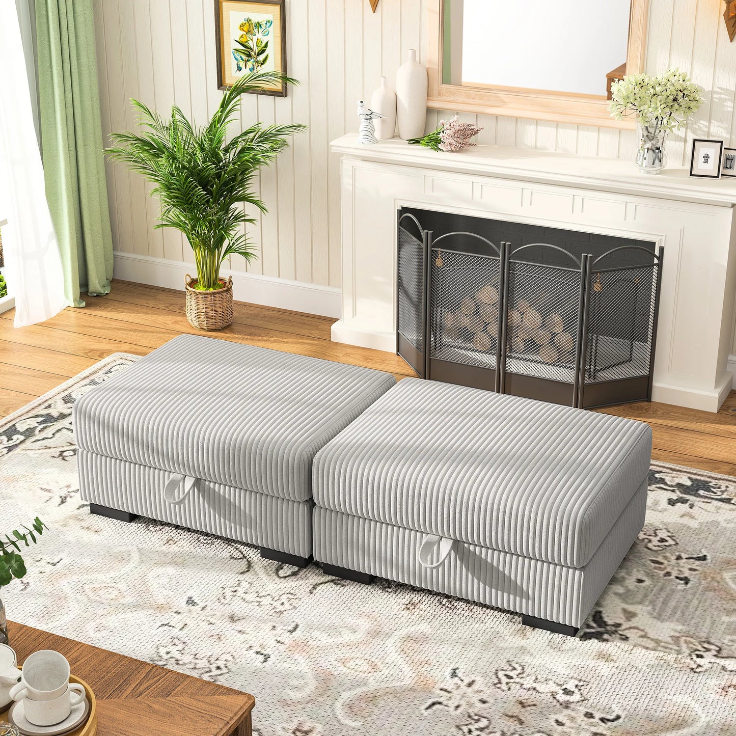 Modern Upholstered Ottoman Set of 2 – Comfortable Fabric Stools for Living Room