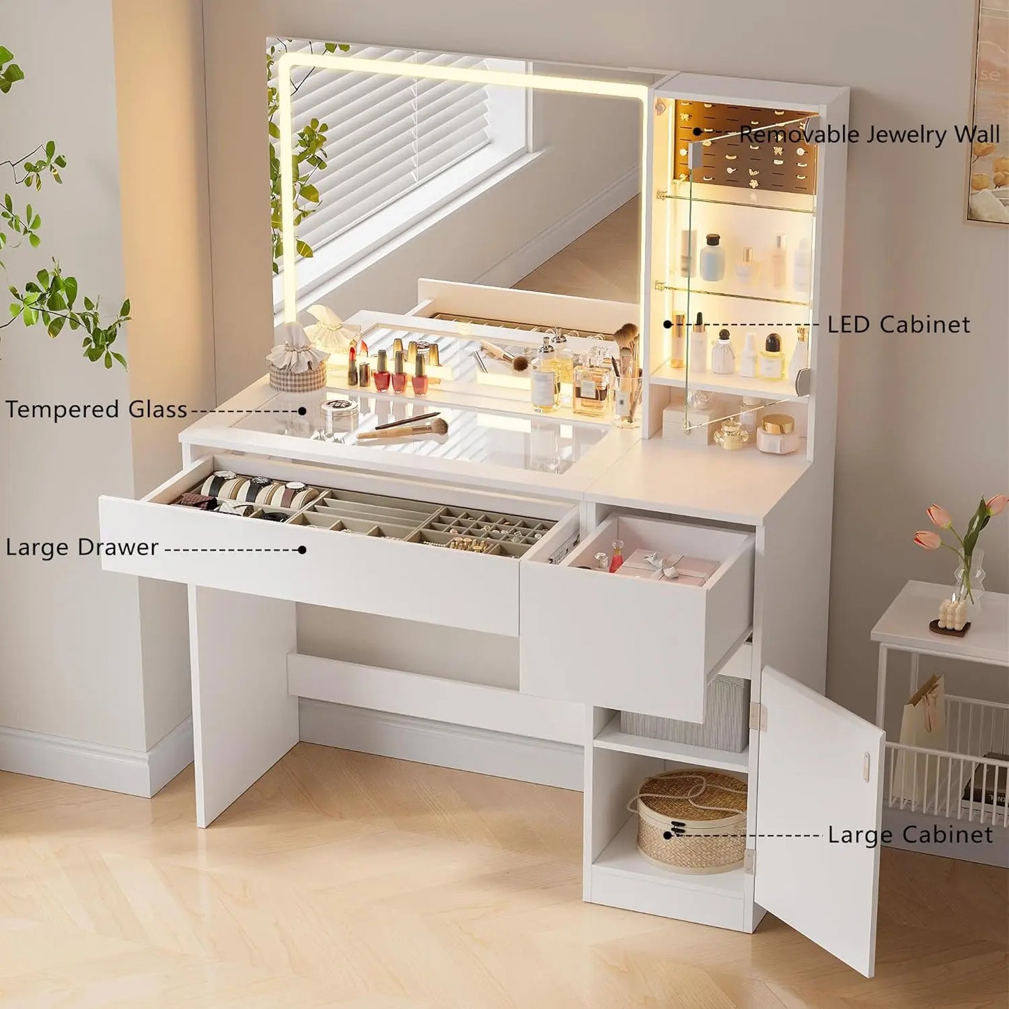 Glass Top Vanity Desk | 41" Makeup Table with Power Outlet & LED Mirror