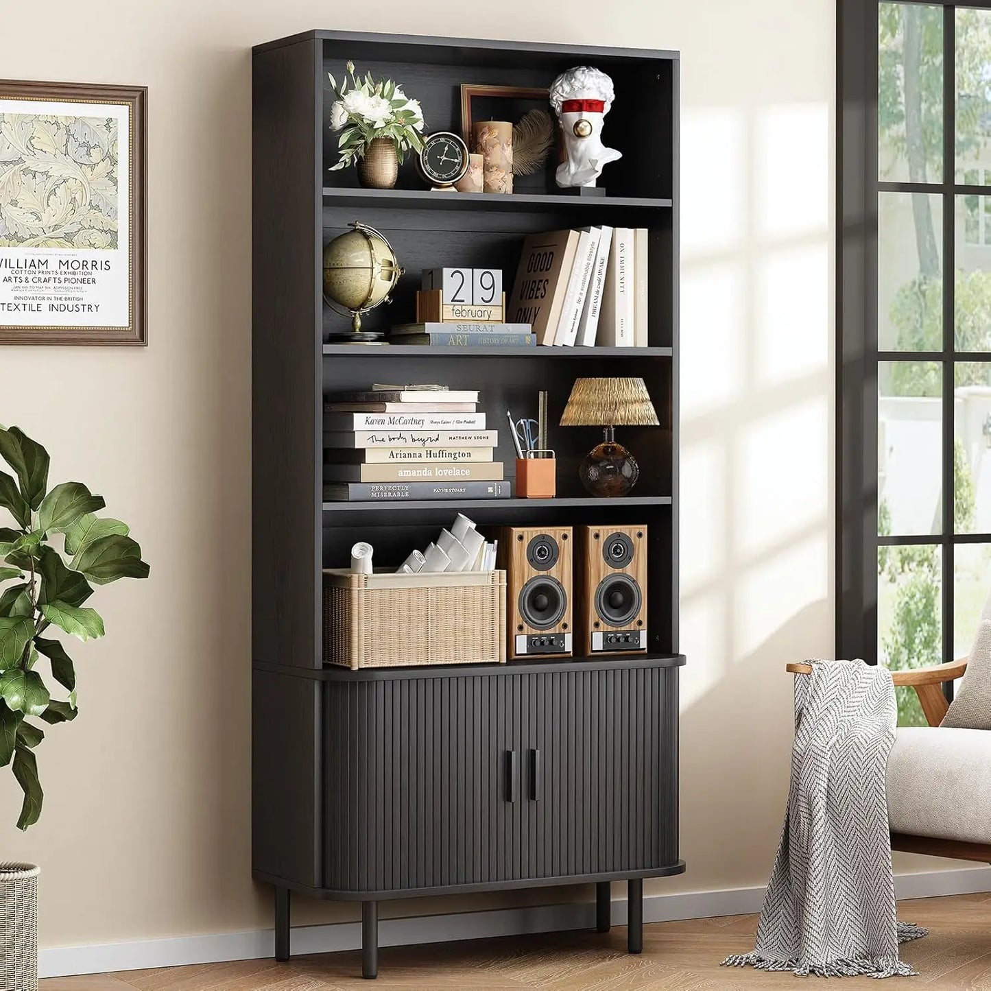 Modern 71” Tall 4-Tier Bookshelf with Sliding Door & Adjustable Shelves – Floor Standing Storage for Living Room & Home Office