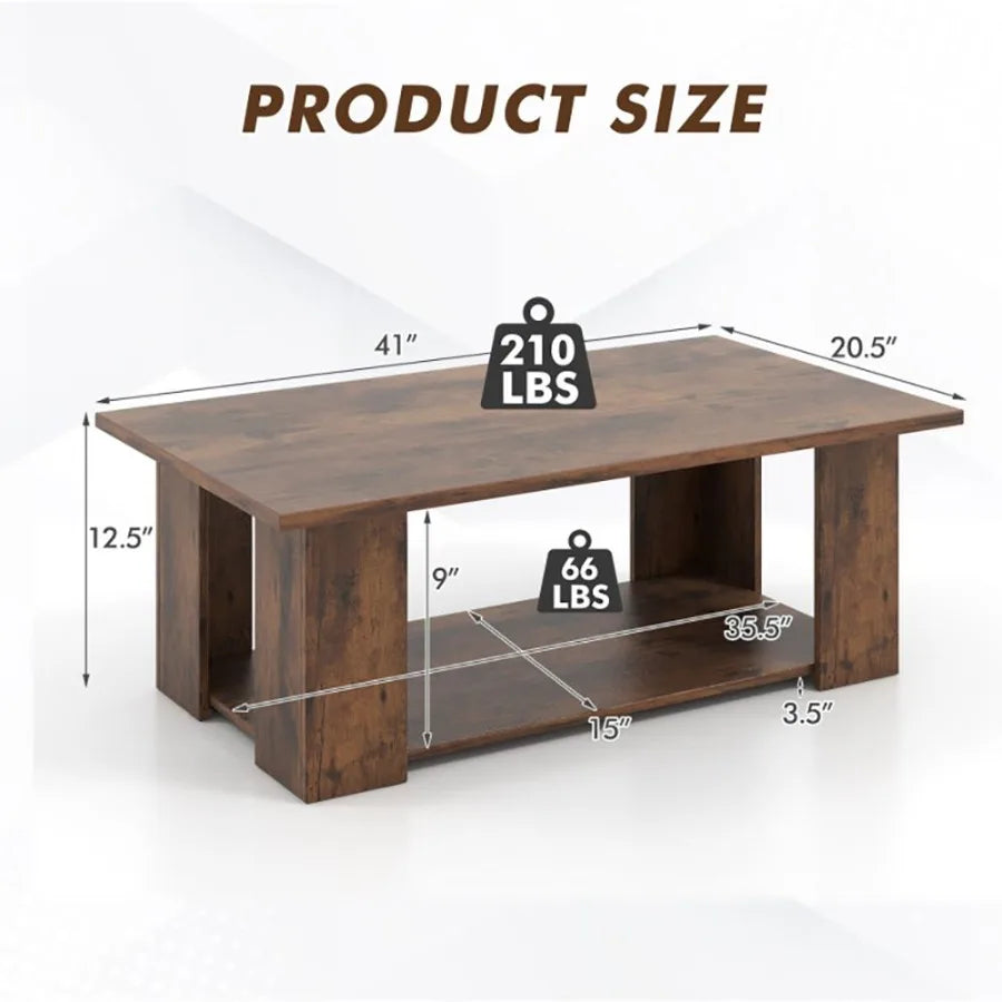 Large 41” Two-Tier Wooden Modern Coffee Table with Storage Shelf