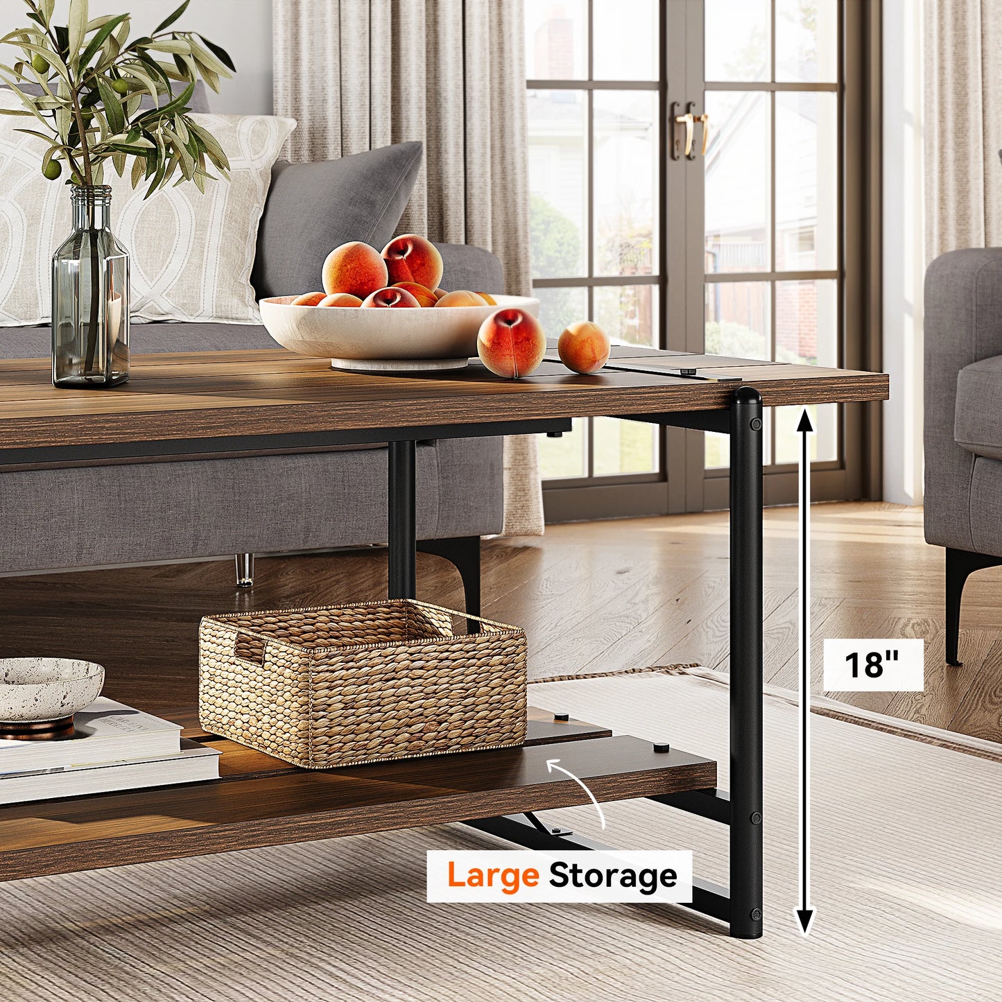 Rustic Farmhouse 2-Tier Coffee Table with Storage Shelf