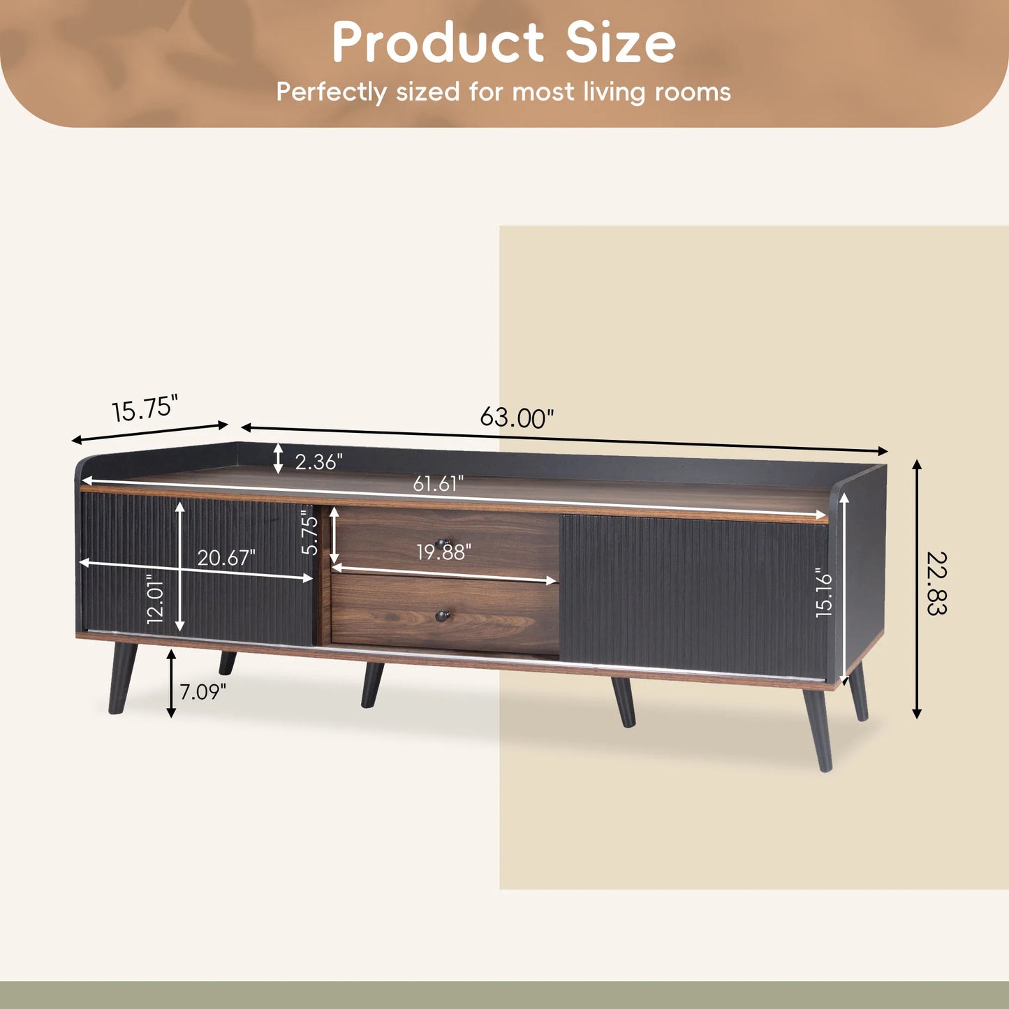 63” Mid-Century Modern TV Stand for TVs up to 70”, Wooden Entertainment Center with Cabinets & Open Storage