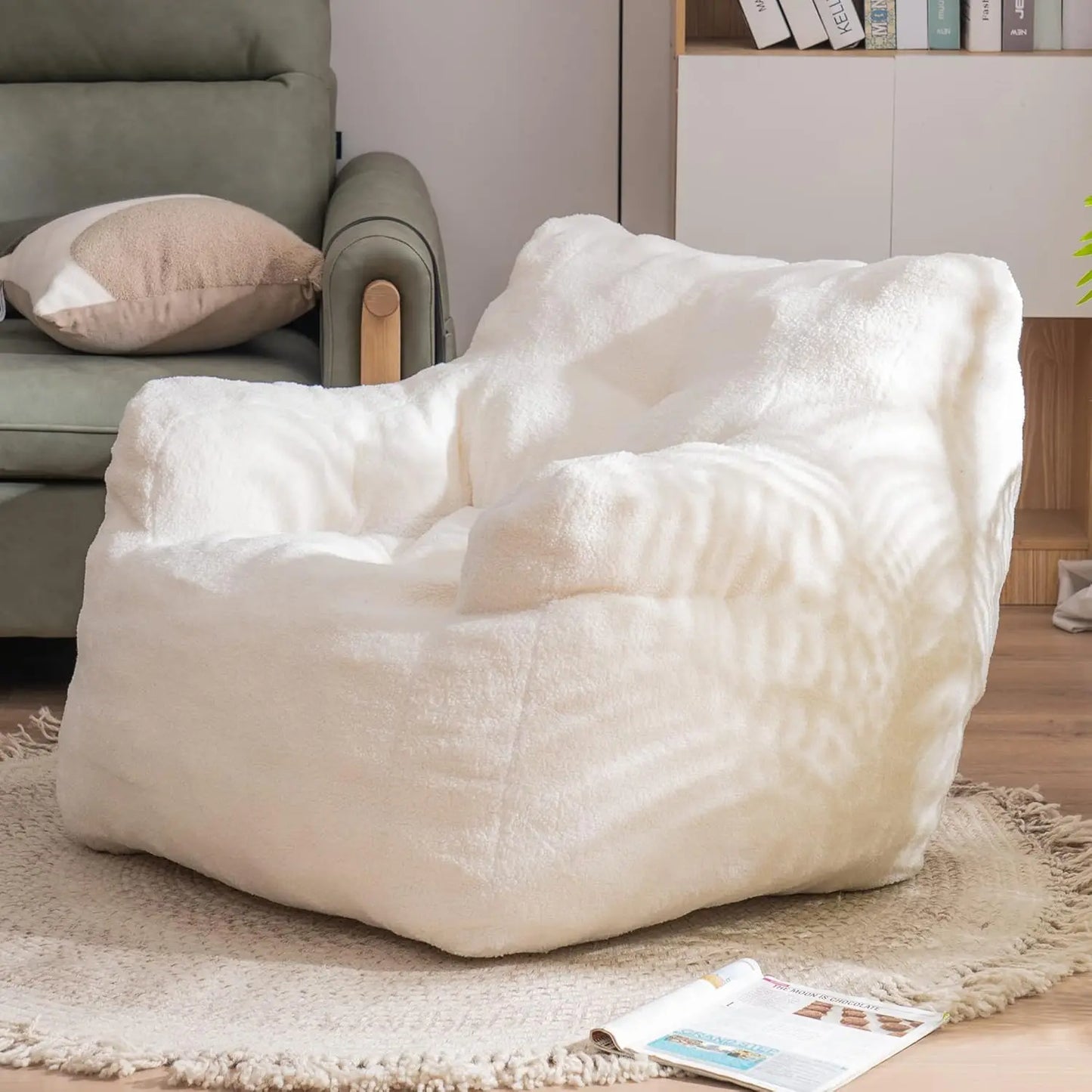Oversized 37” Tufted Bean Bag Chair – Memory Foam Filled Teddy Fabric Lounger for Adults