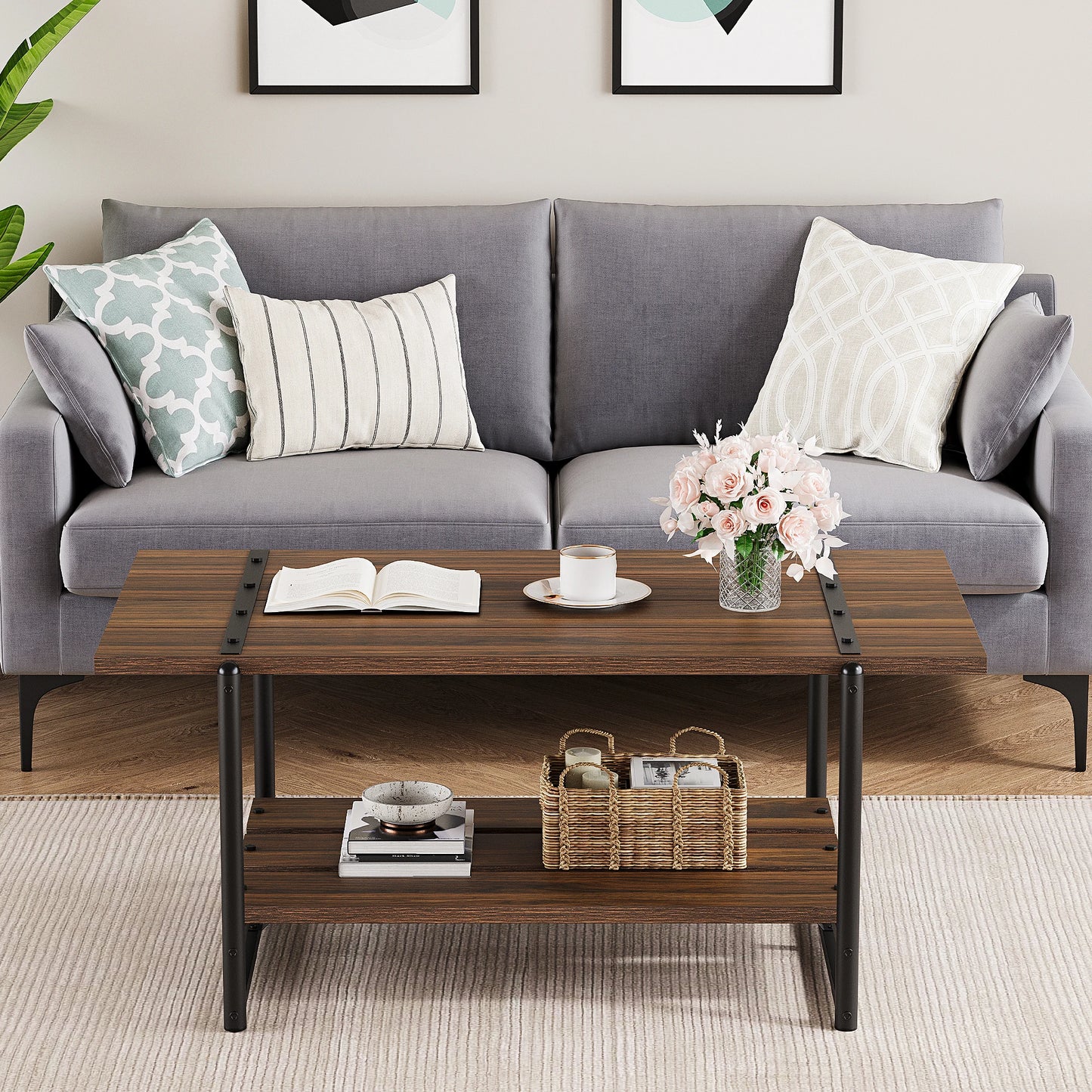 Rustic Farmhouse 2-Tier Coffee Table with Storage Shelf