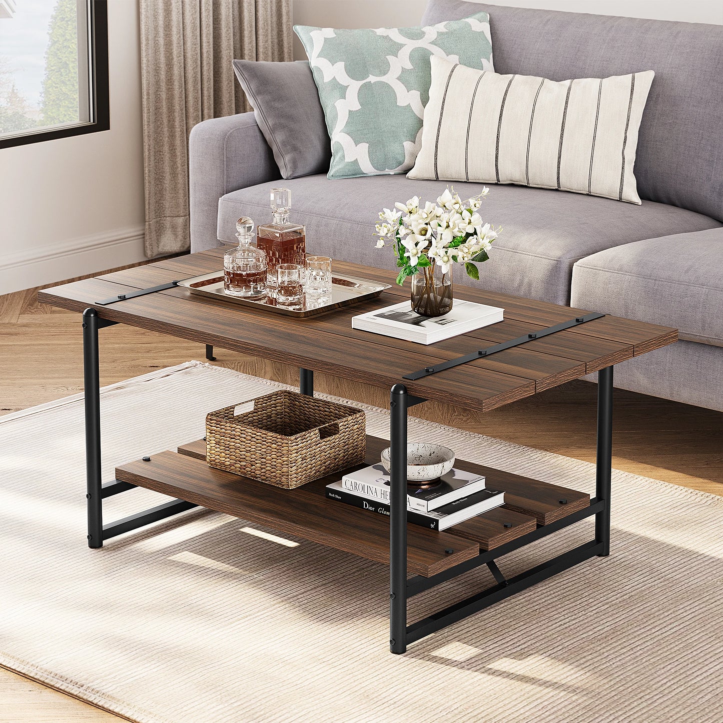Rustic Farmhouse 2-Tier Coffee Table with Storage Shelf