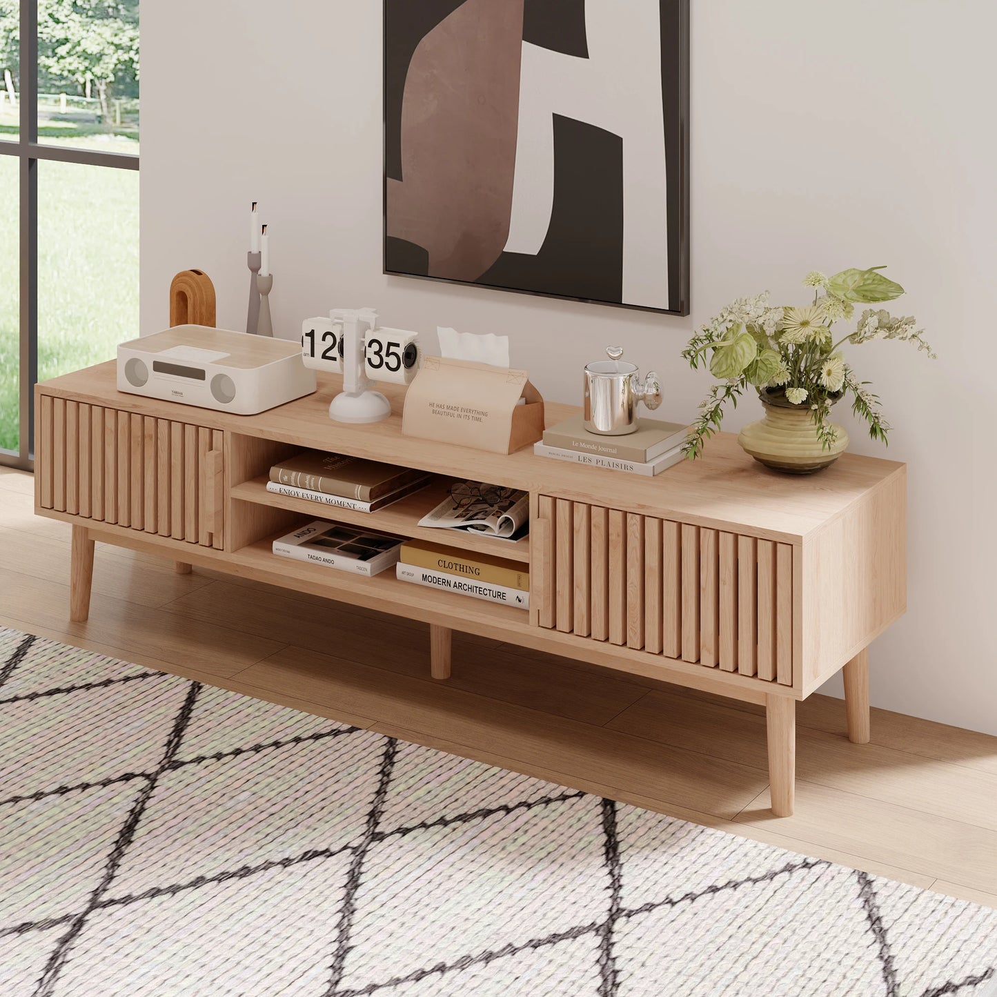 Modern Wooden TV Stand with Sliding Doors & Storage