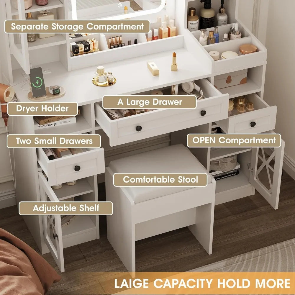 Vanity Desk | 44.5" Makeup Table with LED Mirror, Stool & Charging Station