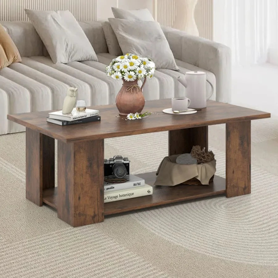 Large 41” Two-Tier Wooden Modern Coffee Table with Storage Shelf