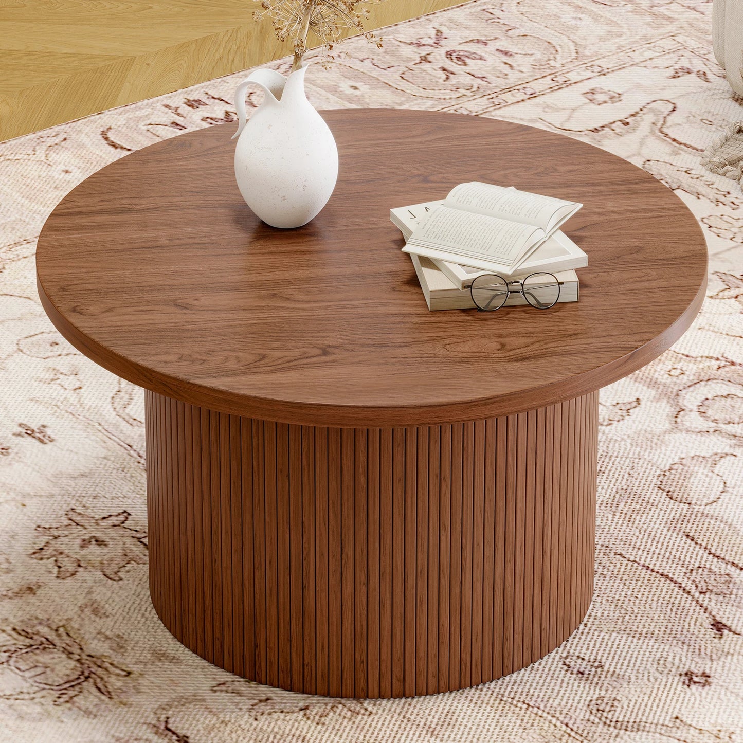Walnut Round Coffee Table – Mid-Century Modern Drum