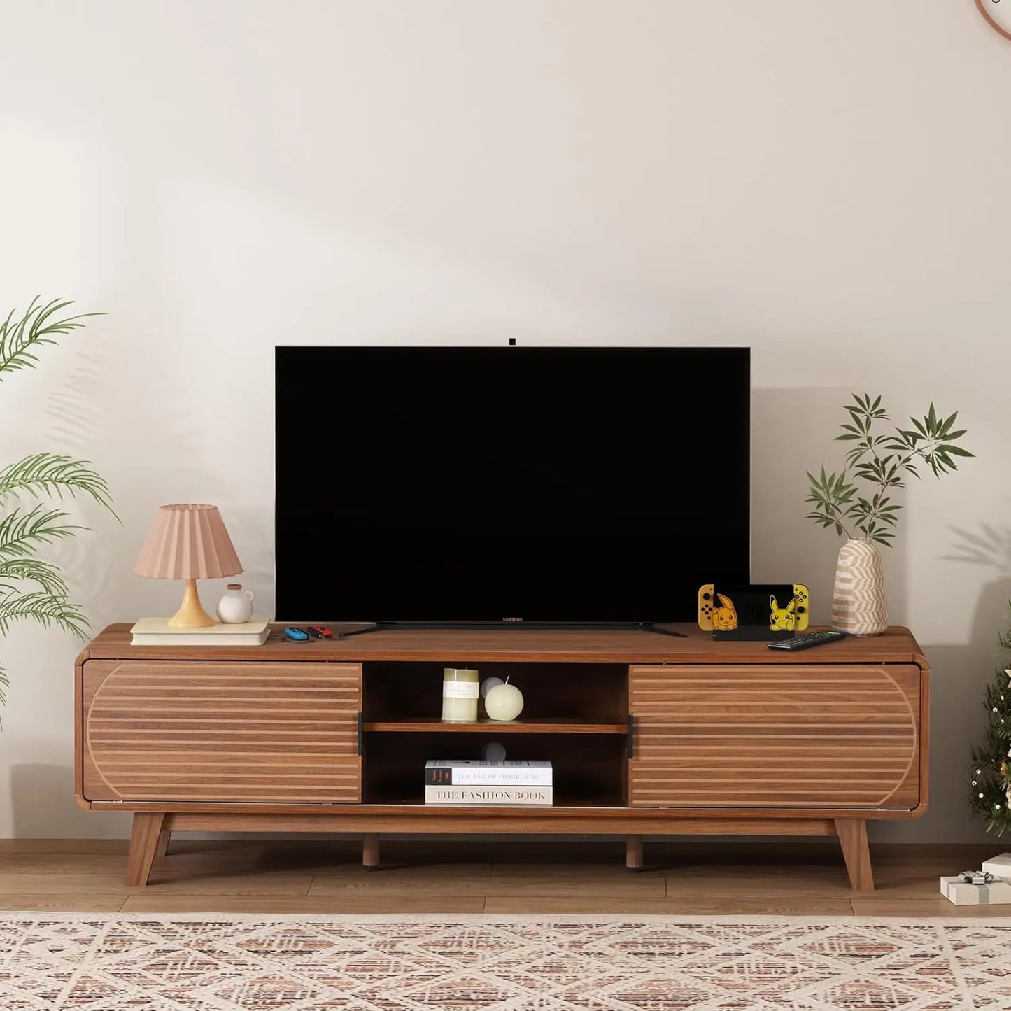 Mid Century Modern TV Stand for 55/60/65 Inch TV, 62" TV Console Table with Fluted Sliding Doors, Entertainment Center