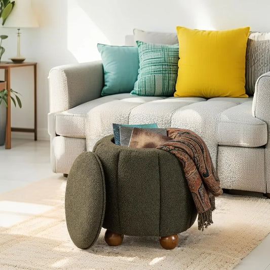 Modern Round Ottoman with Storage – Pumpkin-Shaped Vanity Stool for Living Room & Makeup