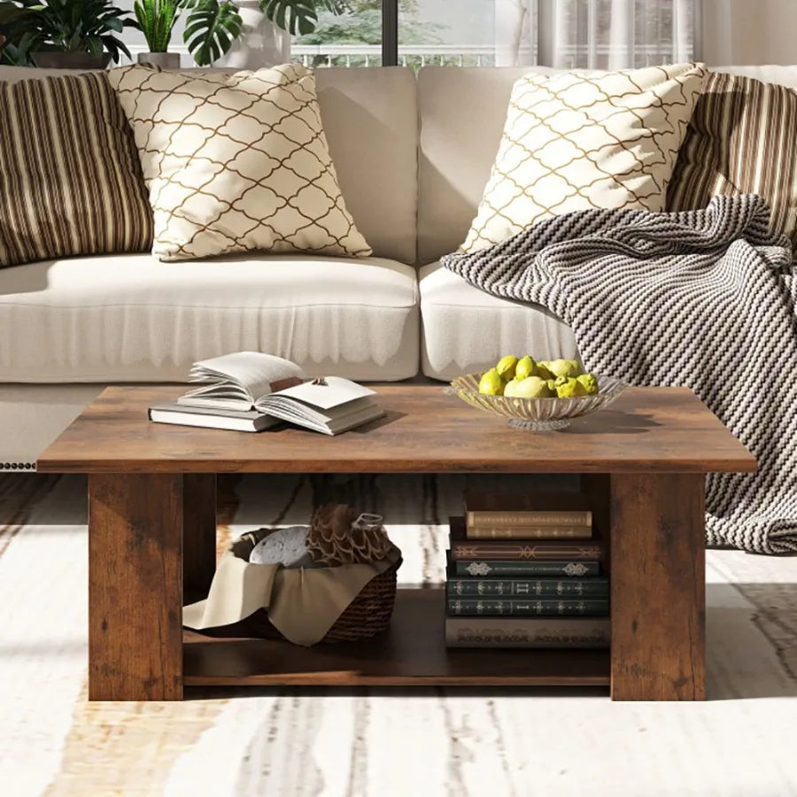 Large 41” Two-Tier Wooden Modern Coffee Table with Storage Shelf