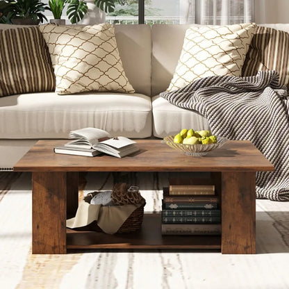 Large 41” Two-Tier Wooden Modern Coffee Table with Storage Shelf