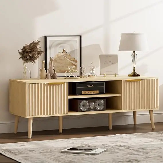 TV Stand for Living Room, Mid Century Modern Entertainment Center for 55/60/65 inch TVs, TV Console with Fluted Door Cabinets an