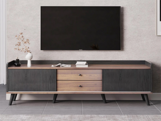 63” Mid-Century Modern TV Stand for TVs up to 70”, Wooden Entertainment Center with Cabinets & Open Storage