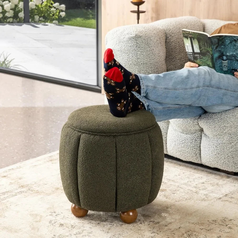 Modern Round Ottoman with Storage – Pumpkin-Shaped Vanity Stool for Living Room & Makeup