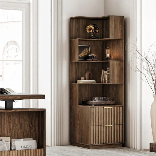 5-Tier L-Shaped Corner Bookshelf with Drawers – 71” Tall Fluted Wood Bookcase for Living Room, Bedroom & Home Office