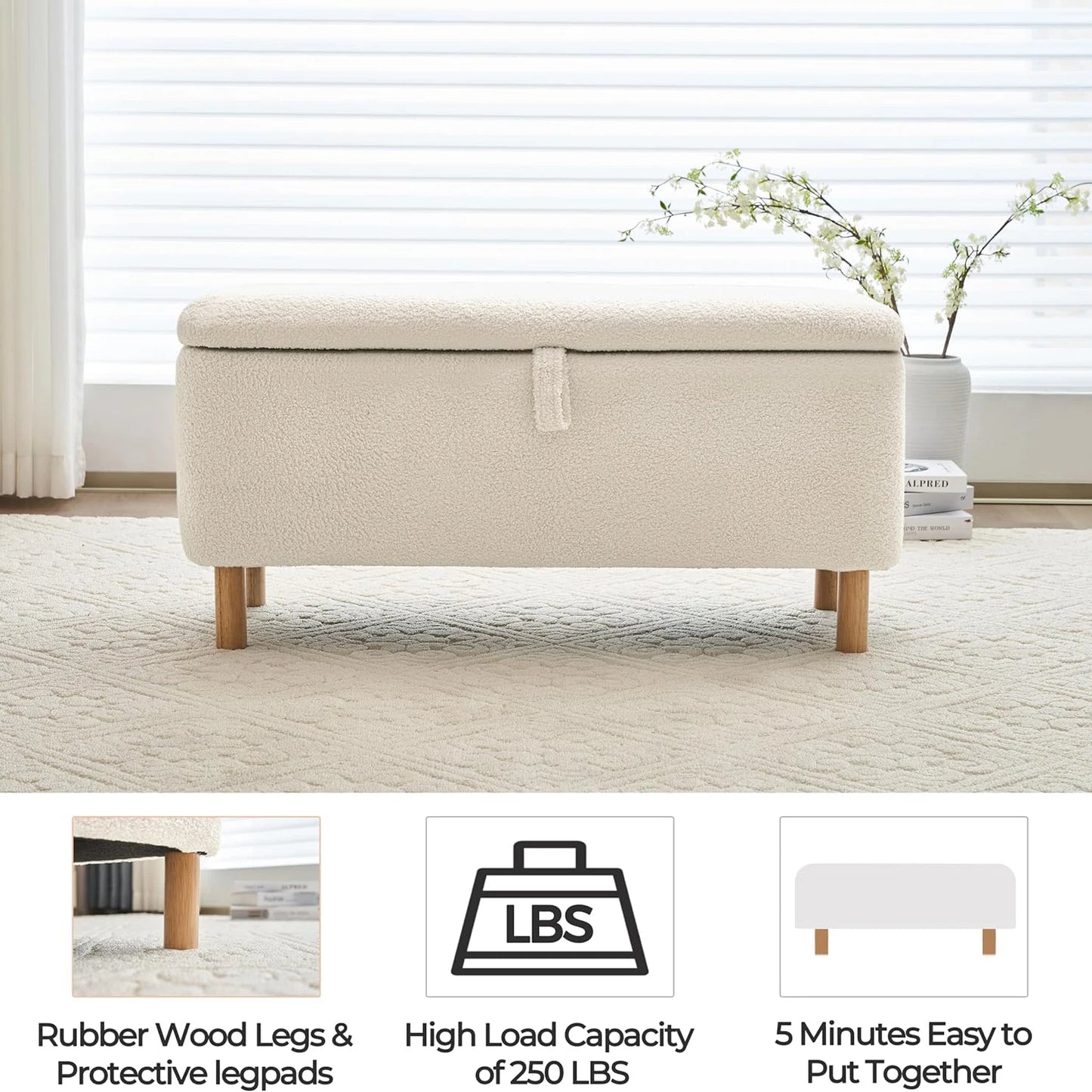 39.5” Boucle Storage Ottoman Bench – Sherpa Upholstered End-of-Bed & Entryway Seat