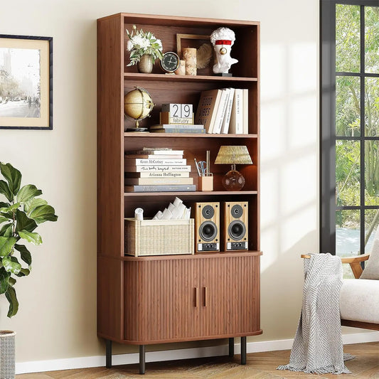 Modern 71” Tall 4-Tier Bookshelf with Sliding Door & Adjustable Shelves – Floor Standing Storage for Living Room & Home Office