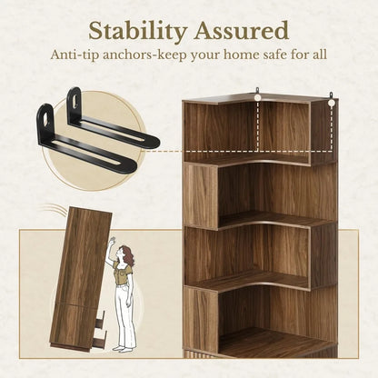 5-Tier L-Shaped Corner Bookshelf with Drawers – 71” Tall Fluted Wood Bookcase for Living Room, Bedroom & Home Office