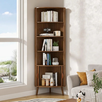 5-Tier Modern Corner Shelf with 2 Fluted Doors – 66.7” Tall Freestanding Wood Bookcase for Living Room, Bedroom & Office