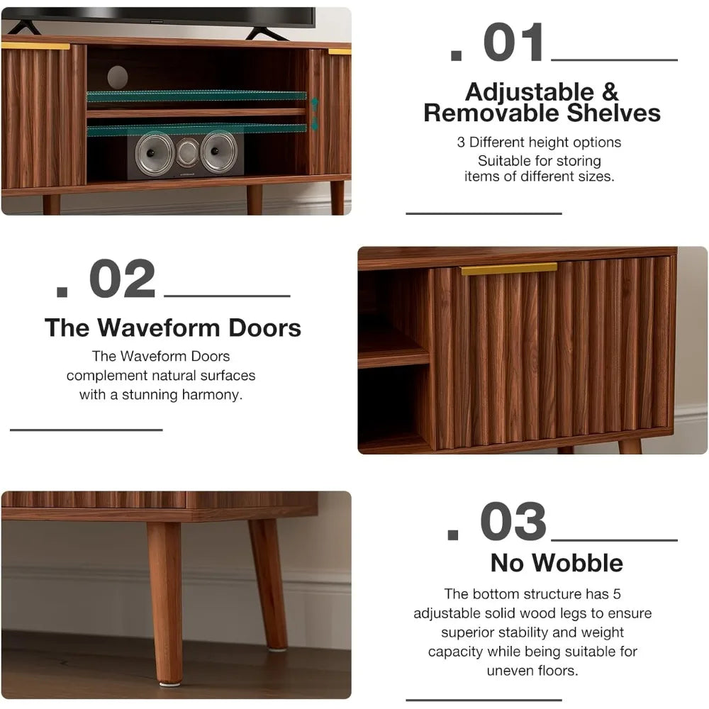 TV Stand for Living Room, Mid Century Modern Entertainment Center for 55/60/65 inch TVs, TV Console with Fluted Door Cabinets an