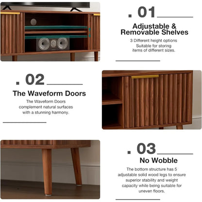 TV Stand for Living Room, Mid Century Modern Entertainment Center for 55/60/65 inch TVs, TV Console with Fluted Door Cabinets an