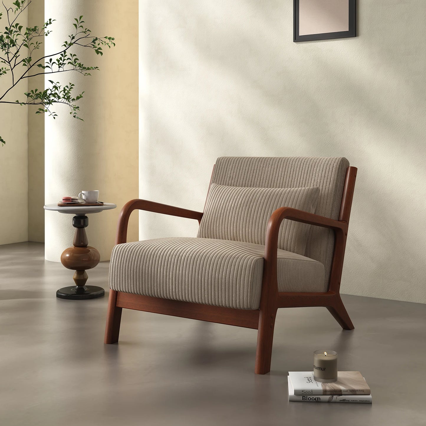 Mid-Century Modern Accent Chair – Comfy Fabric Armchair with Solid Wood Frame for Living Room